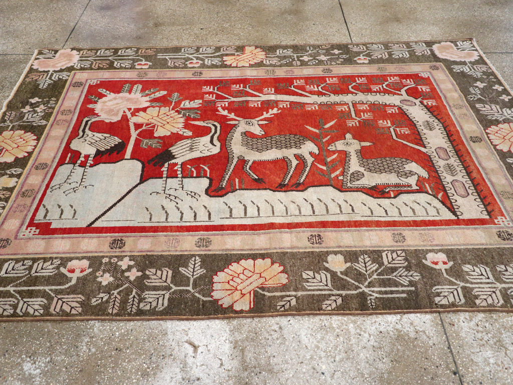 Vintage East Turkestan Khotan Pictorial Accent Carpet, No.31880 - Staging