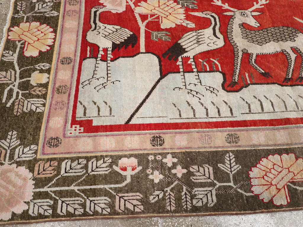 Vintage East Turkestan Khotan Pictorial Accent Carpet, No.31880 - Staging