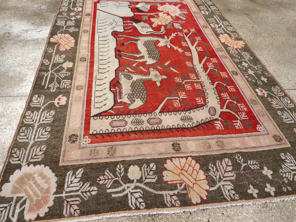 Vintage East Turkestan Khotan Pictorial Accent Carpet, No.31880 - Staging