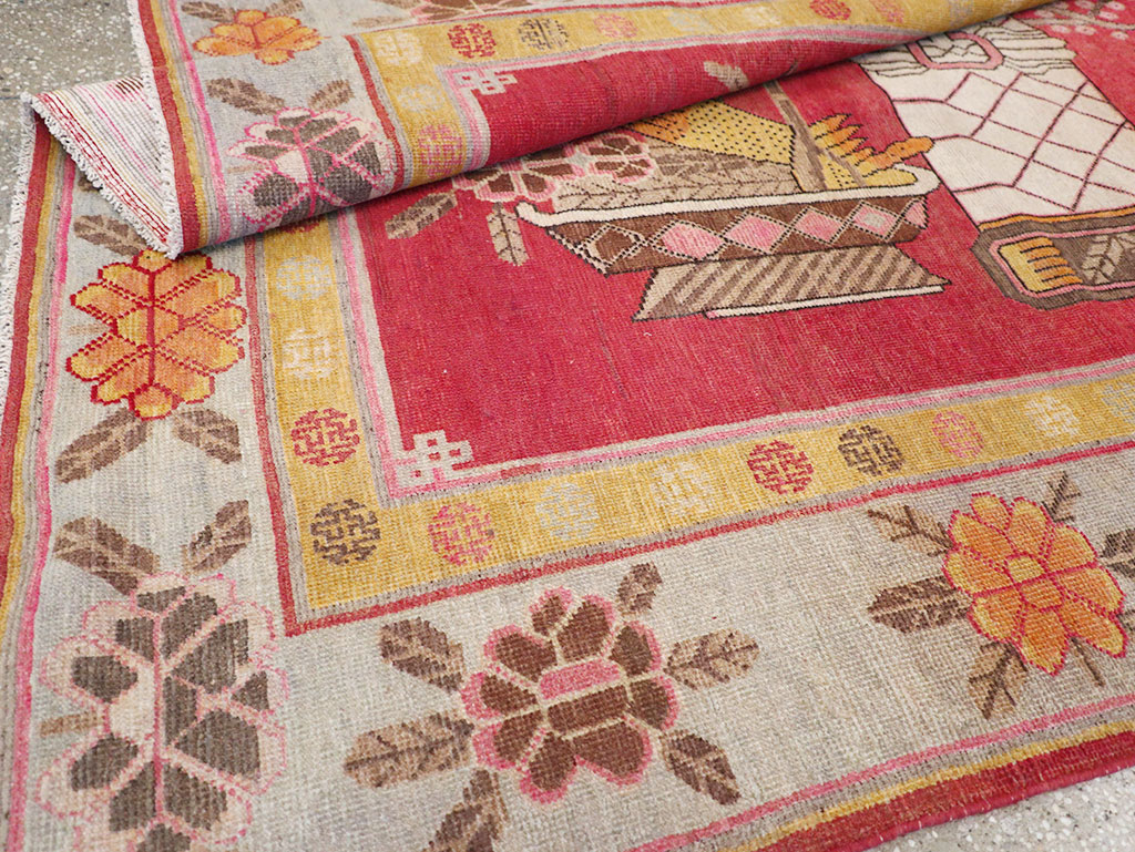 Antique East Turkestan Pictorial Vase Khotan Accent Rug, No.31882 - Staging