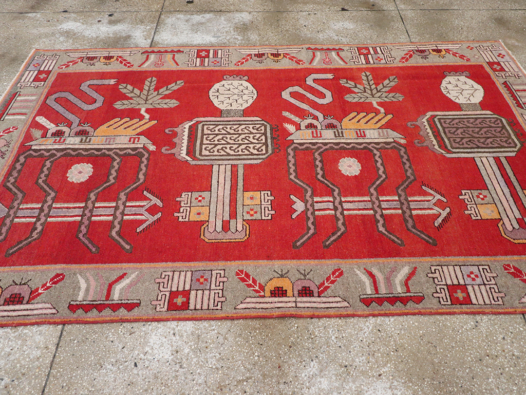 Antique East Turkestan Khotan Pictorial Accent Rug, No.31883 - Staging