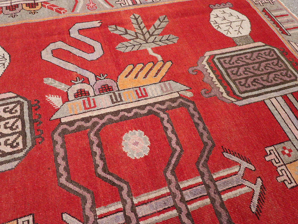 Antique East Turkestan Khotan Pictorial Accent Rug, No.31883 - Staging