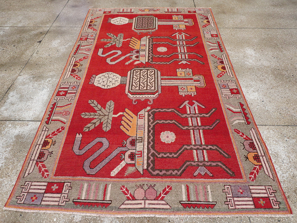 Antique East Turkestan Khotan Pictorial Accent Rug, No.31883 - Staging