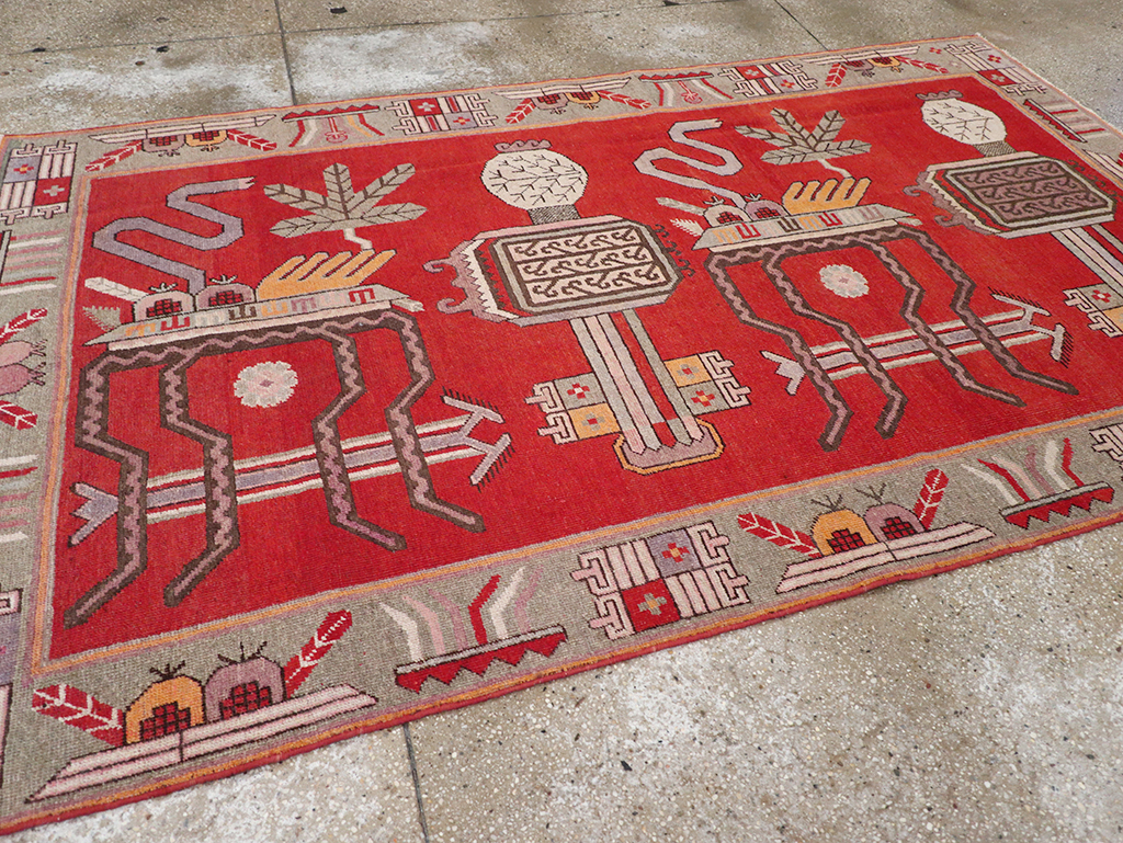 Antique East Turkestan Khotan Pictorial Accent Rug, No.31883 - Staging