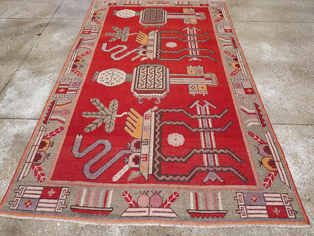 Antique East Turkestan Khotan Pictorial Accent Rug, No.31883 - Staging