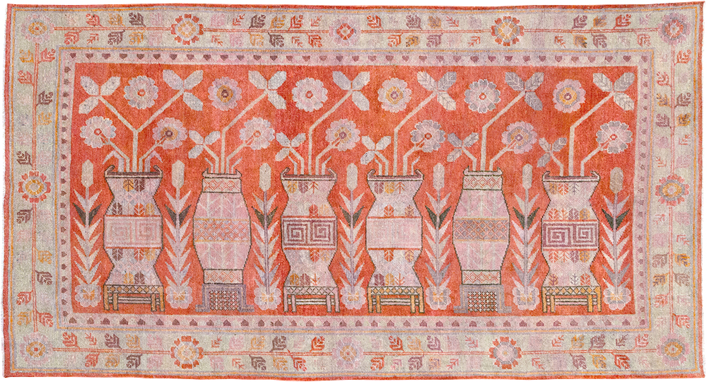 Antique East Turkestan Khotan Pictorial Vase Accent Rug, No.31895 - Staging