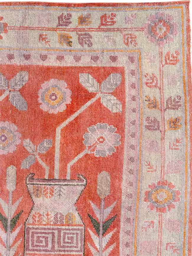Antique East Turkestan Khotan Pictorial Vase Accent Rug, No.31895 - Staging