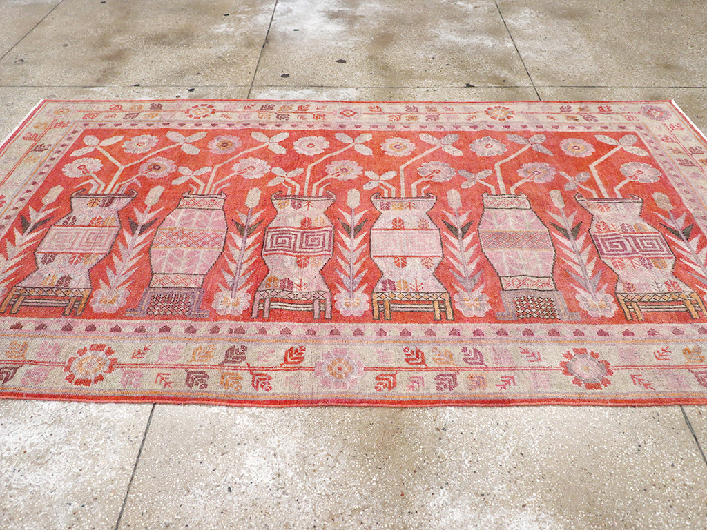 Antique East Turkestan Vase Khotan Pictorial Accent Rug, No.31895 - Staging