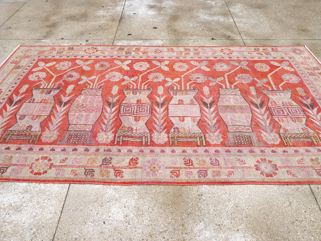 Antique East Turkestan Khotan Pictorial Vase Accent Rug, No.31895 - Staging