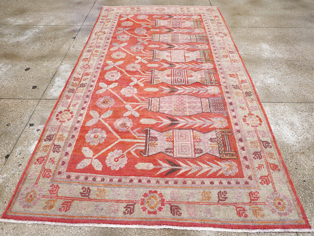 Antique East Turkestan Khotan Pictorial Vase Accent Rug, No.31895 - Staging