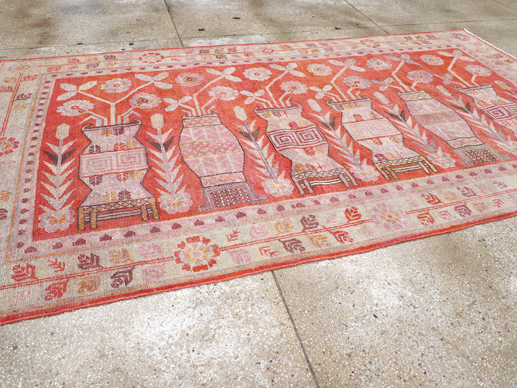 Antique East Turkestan Khotan Pictorial Vase Accent Rug, No.31895 - Staging