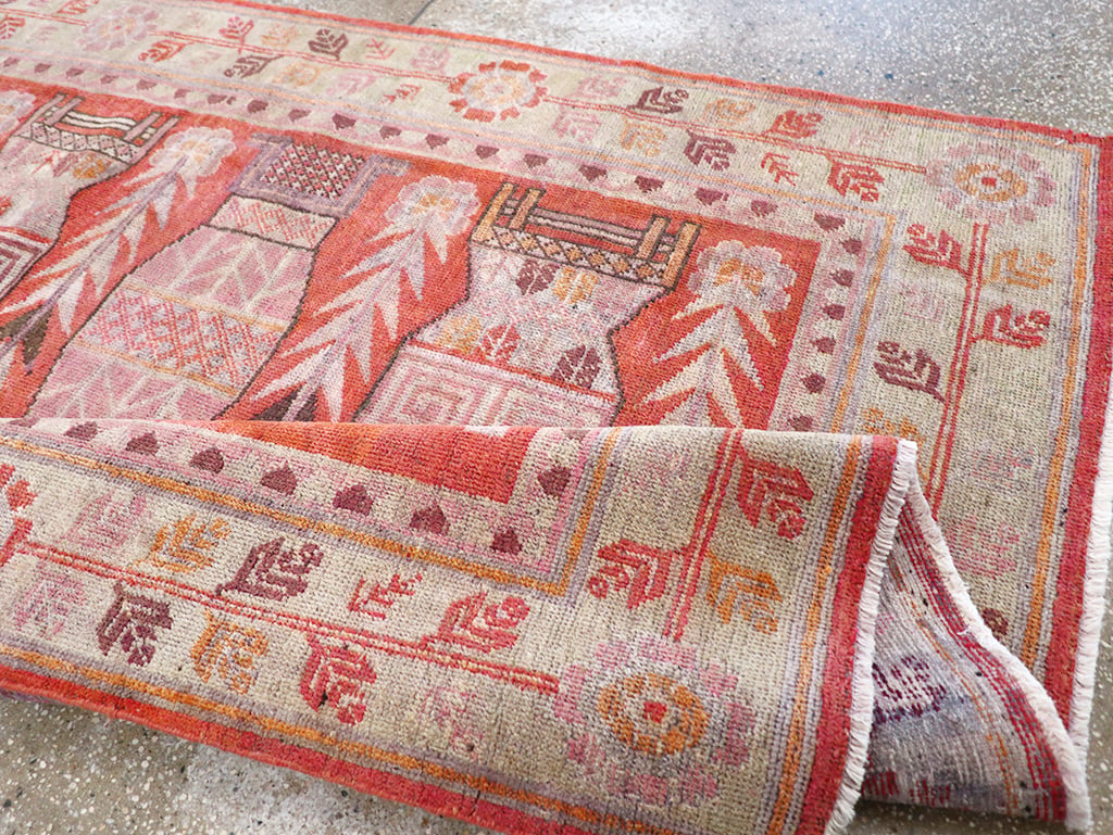 Antique East Turkestan Khotan Pictorial Vase Accent Rug, No.31895 - Staging