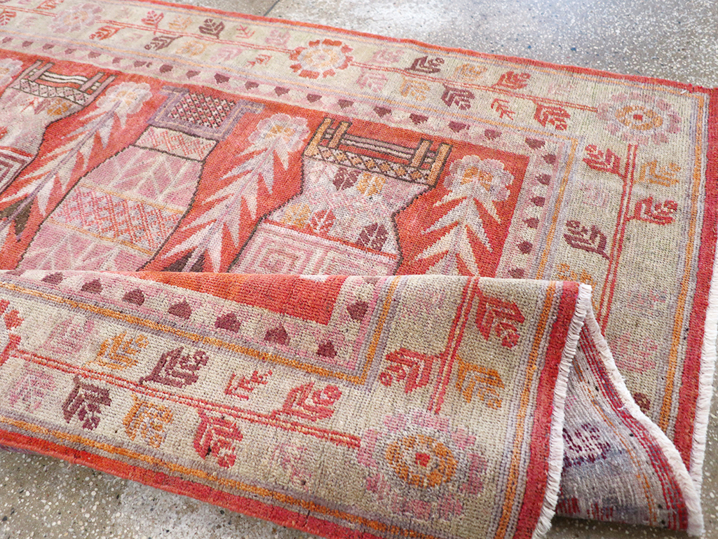 Antique East Turkestan Khotan Pictorial Vase Accent Rug, No.31895 - Staging