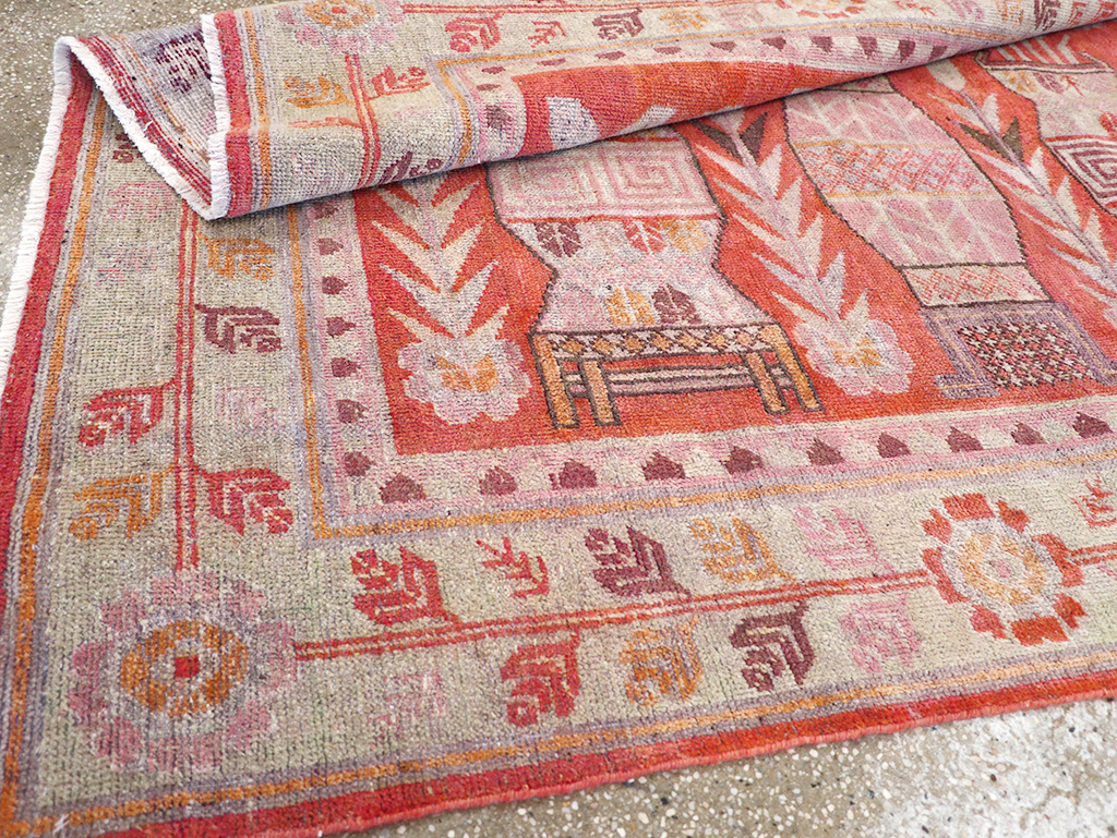 Antique East Turkestan Khotan Pictorial Vase Accent Rug, No.31895 - Staging