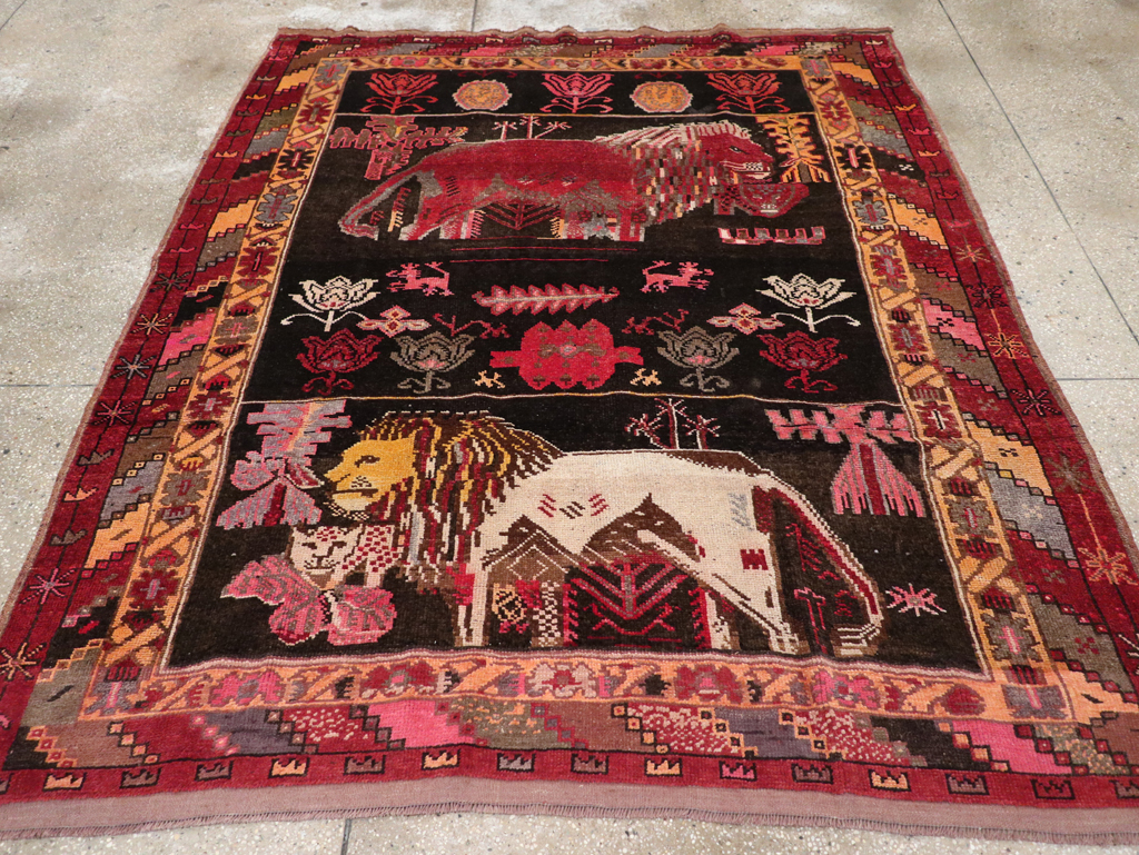 Vintage Turkish Anatolian Pictorial Accent Carpet, No.31909 - Staging
