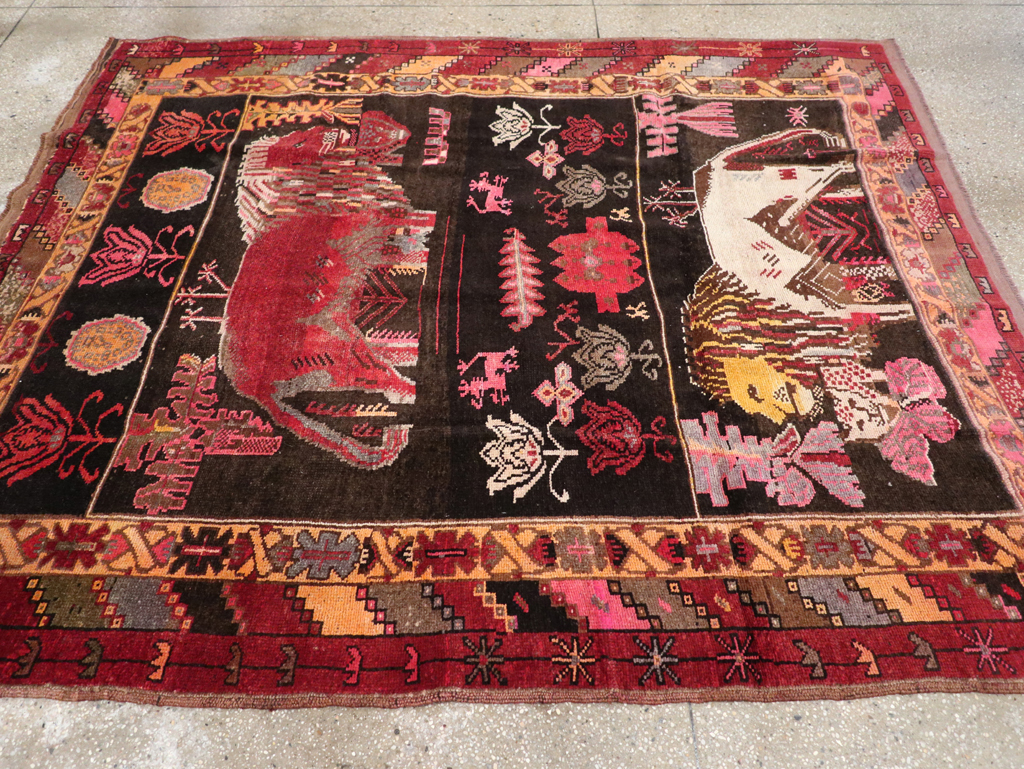 Vintage Turkish Anatolian Pictorial Accent Carpet, No.31909 - Staging