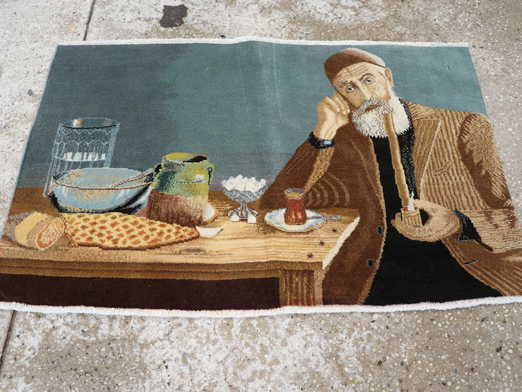 Vintage Persian Tabriz Pictorial Throw Rug, No.32035 - Staging