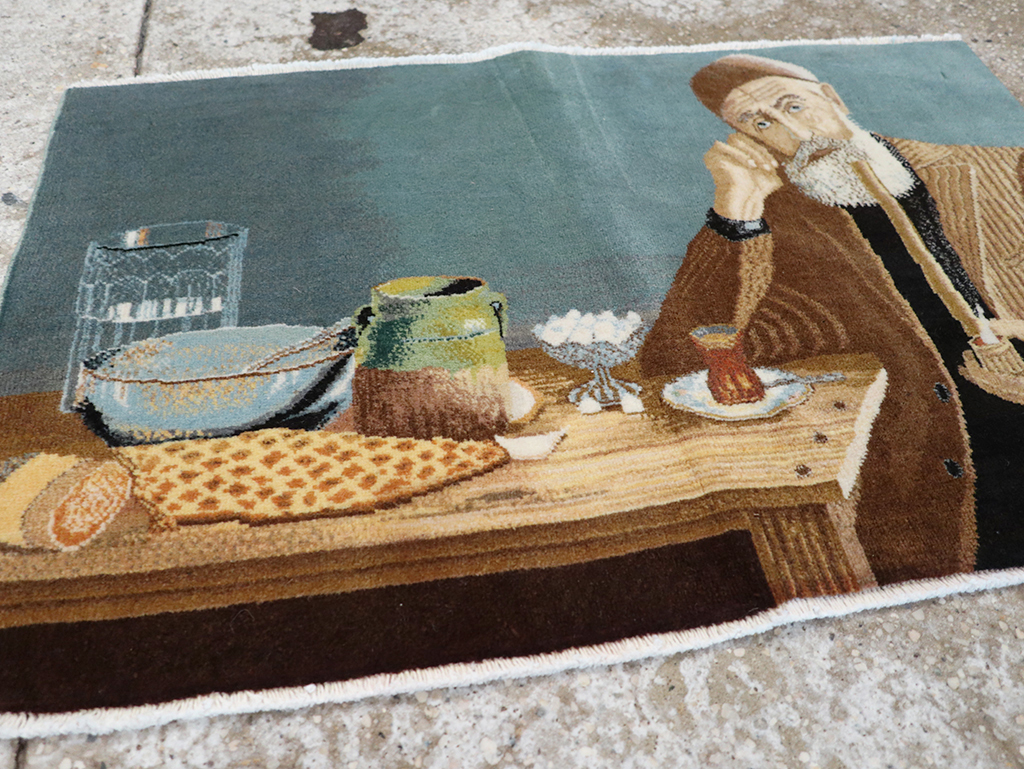 Vintage Persian Tabriz Pictorial Throw Rug, No.32035 - Staging