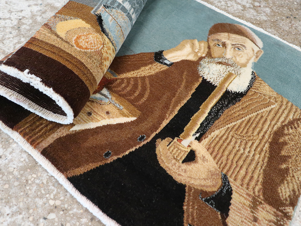 Vintage Persian Tabriz Pictorial Throw Rug, No.32035 - Staging