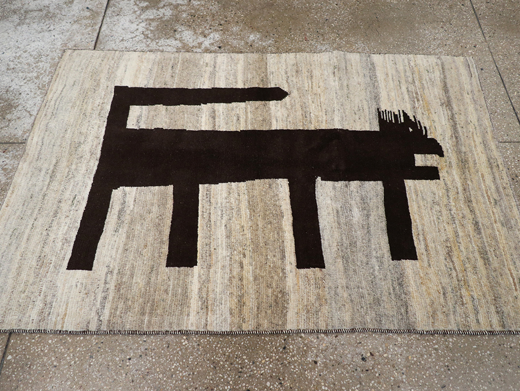 Modern Persian Gabbeh Pictorial Throw Rug (Pair: 1 of 2), No.32086 - Staging