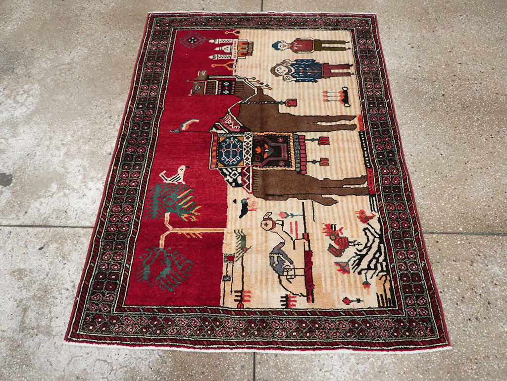 Vintage Persian Mashad Pictorial Rug, No.32098 - Staging