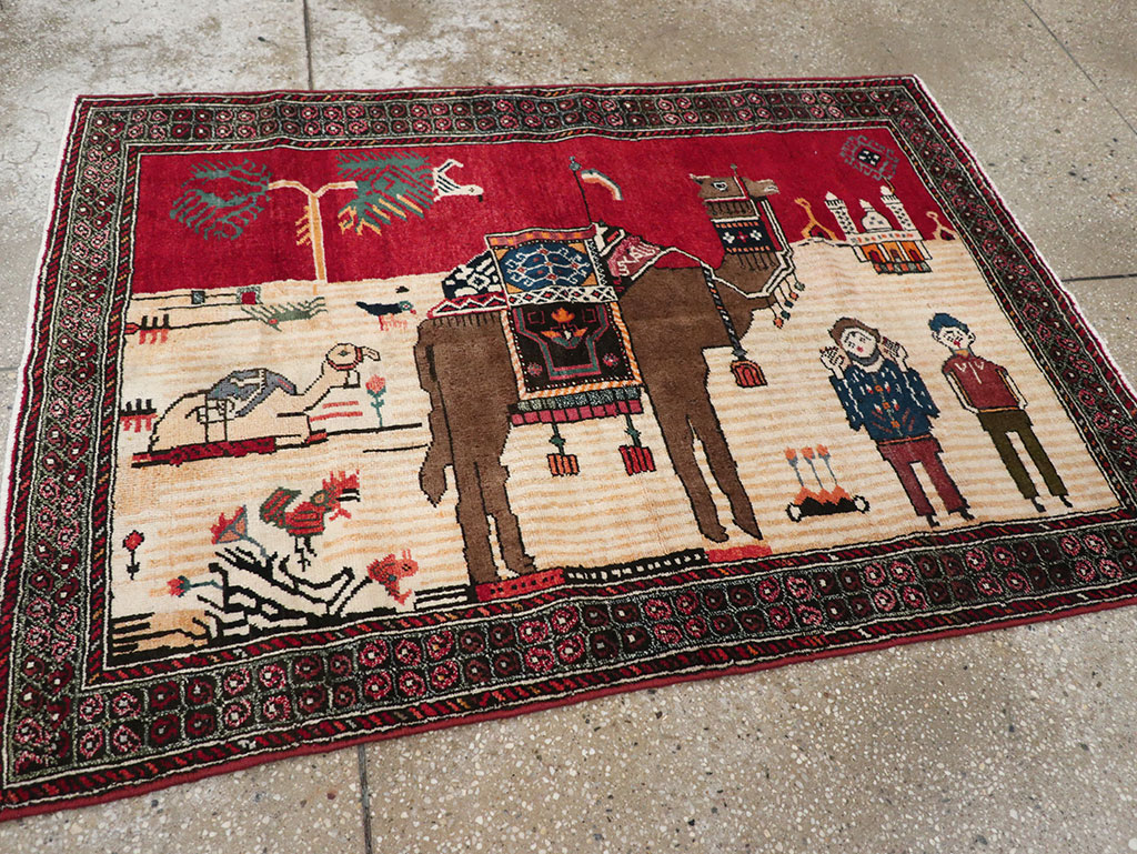 Vintage Persian Mashad Pictorial Rug, No.32098 - Staging