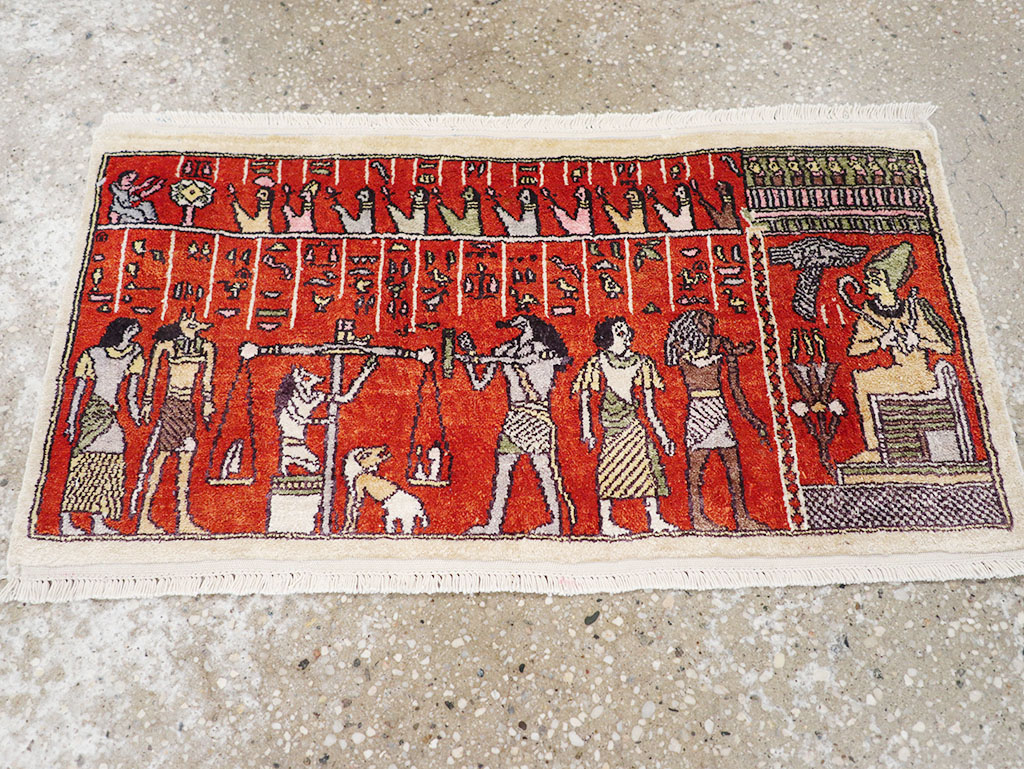 Vintage Persian Quom Pictorial Throw Rug, No.32102 - Staging