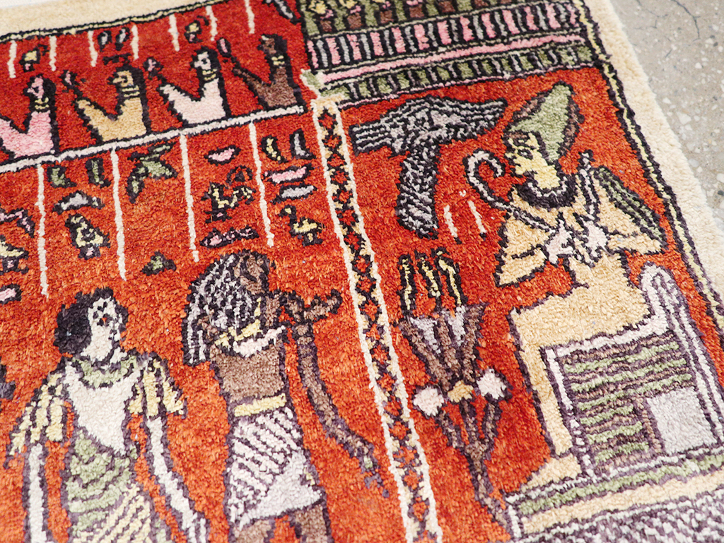 Vintage Persian Quom Pictorial Throw Rug, No.32102 - Staging