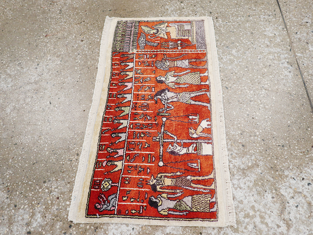 Vintage Persian Quom Pictorial Throw Rug, No.32102 - Staging