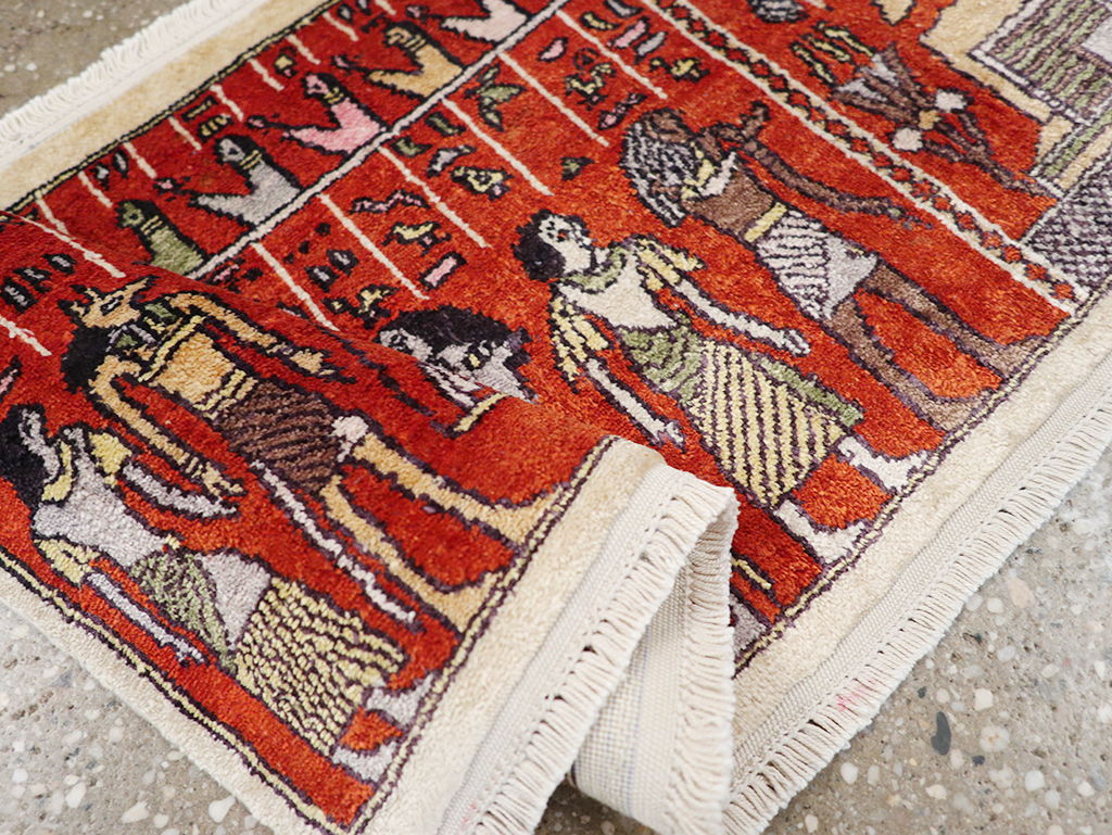 Vintage Persian Quom Pictorial Throw Rug, No.32102 - Staging