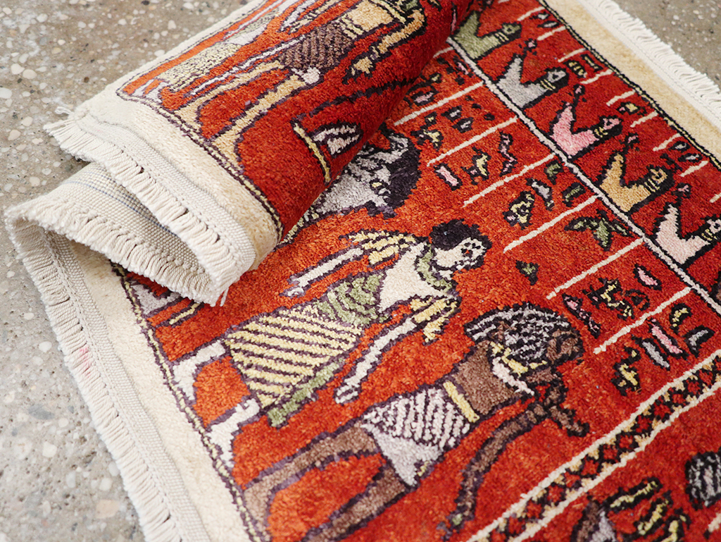 Vintage Persian Quom Pictorial Throw Rug, No.32102 - Staging