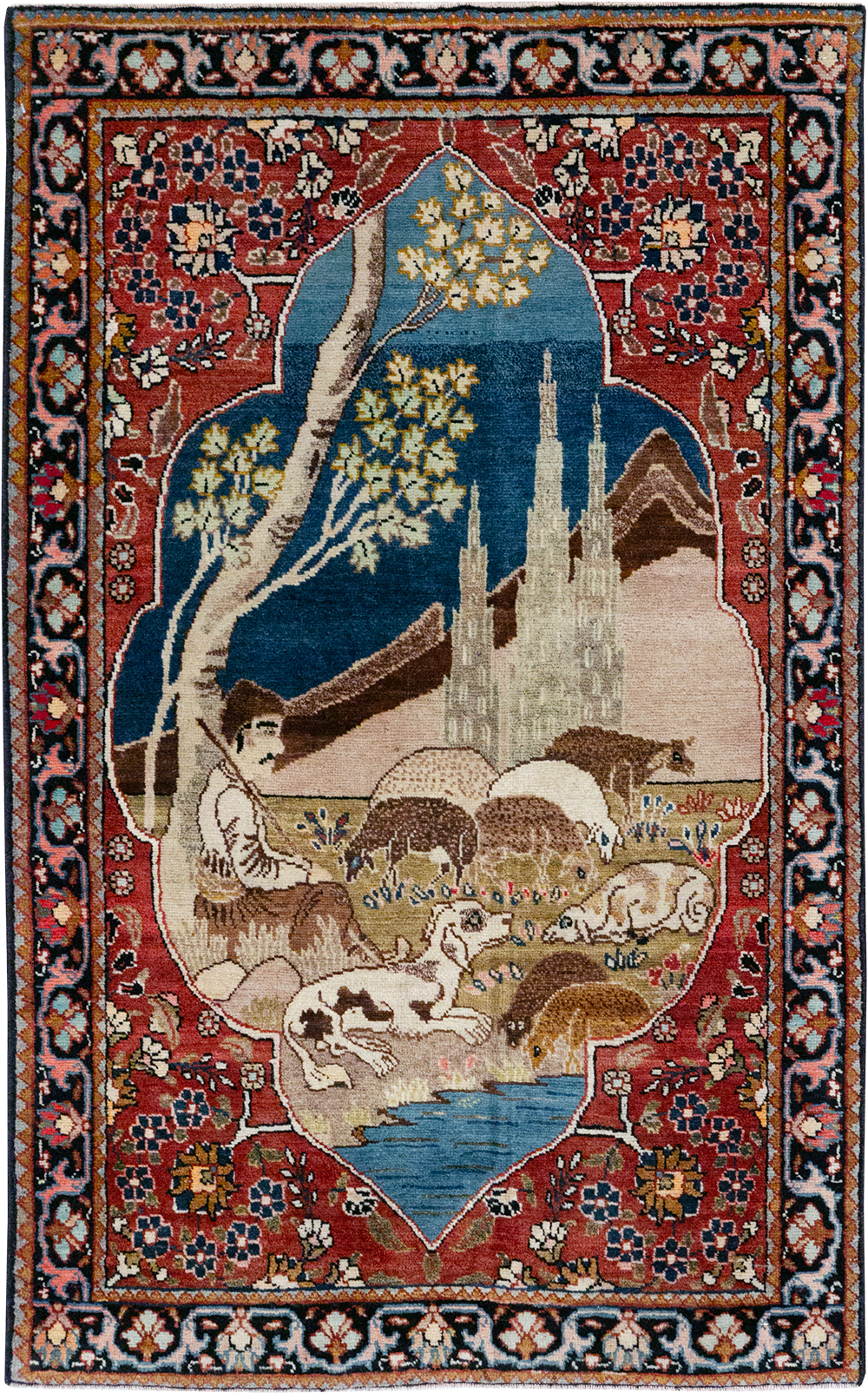 Vintage Persian Tabriz Pictorial Throw Rug, No.32103 - Staging