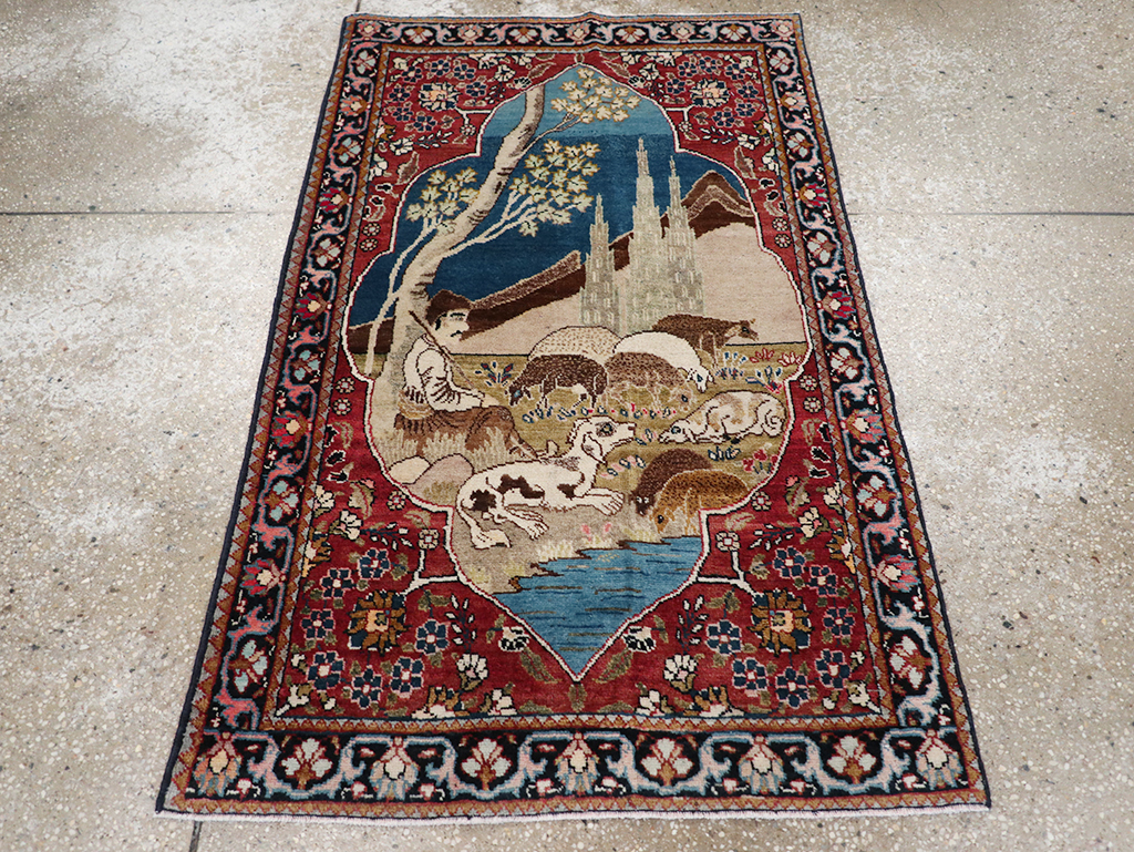 Vintage Persian Tabriz Pictorial Throw Rug, No.32103 - Staging