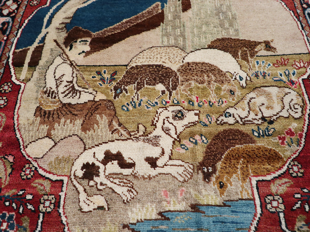 Vintage Persian Tabriz Pictorial Throw Rug, No.32103 - Staging