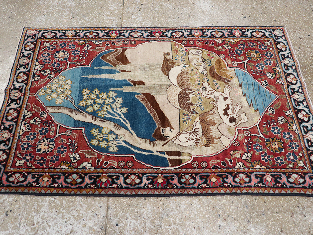 Vintage Persian Tabriz Pictorial Throw Rug, No.32103 - Staging