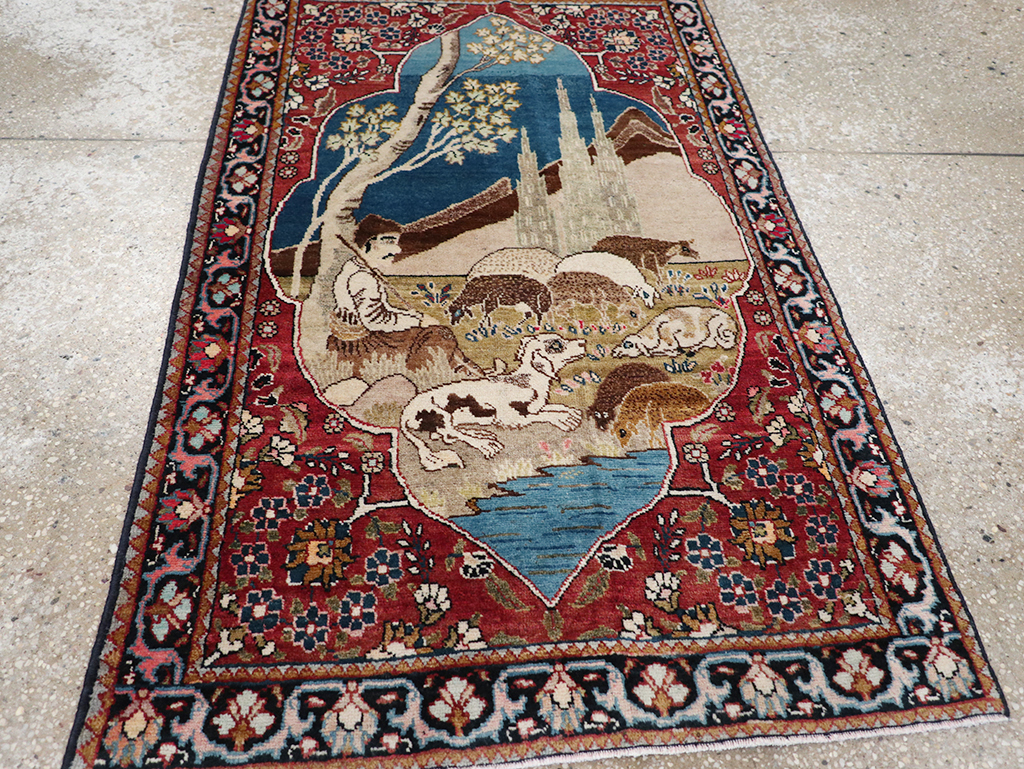 Vintage Persian Tabriz Pictorial Throw Rug, No.32103 - Staging
