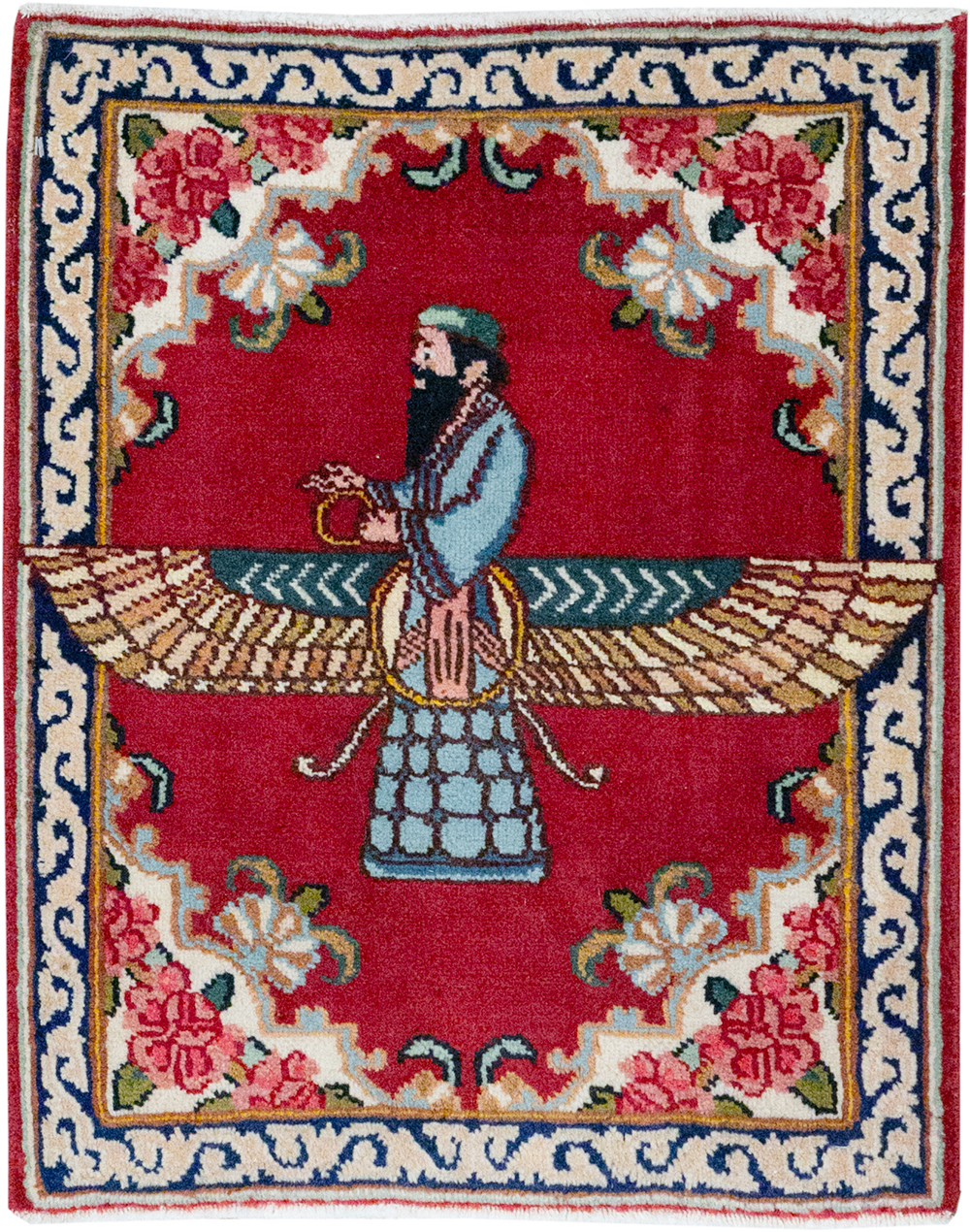 Vintage Persian Kerman Pictorial Throw Rug (Pair: 1 of 2), No.32108 - Staging