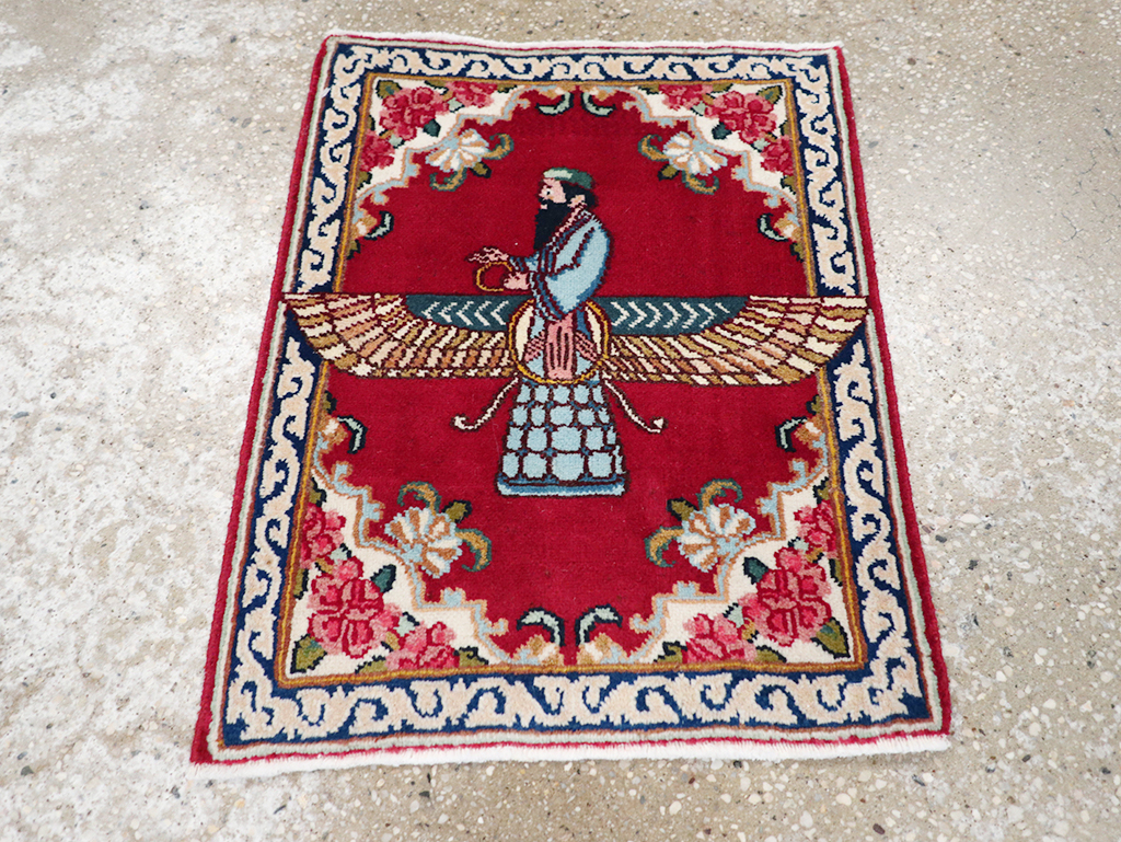 Vintage Persian Kerman Pictorial Throw Rug (Pair: 1 of 2), No.32108 - Staging
