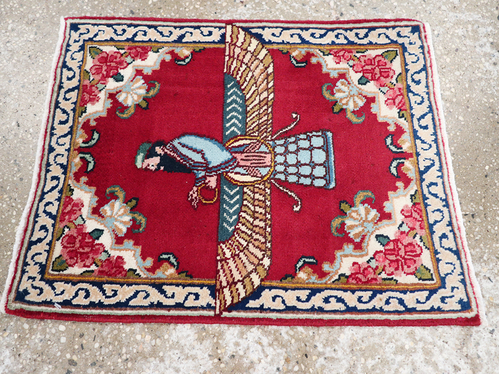 Vintage Persian Kerman Pictorial Throw Rug (Pair: 1 of 2), No.32108 - Staging