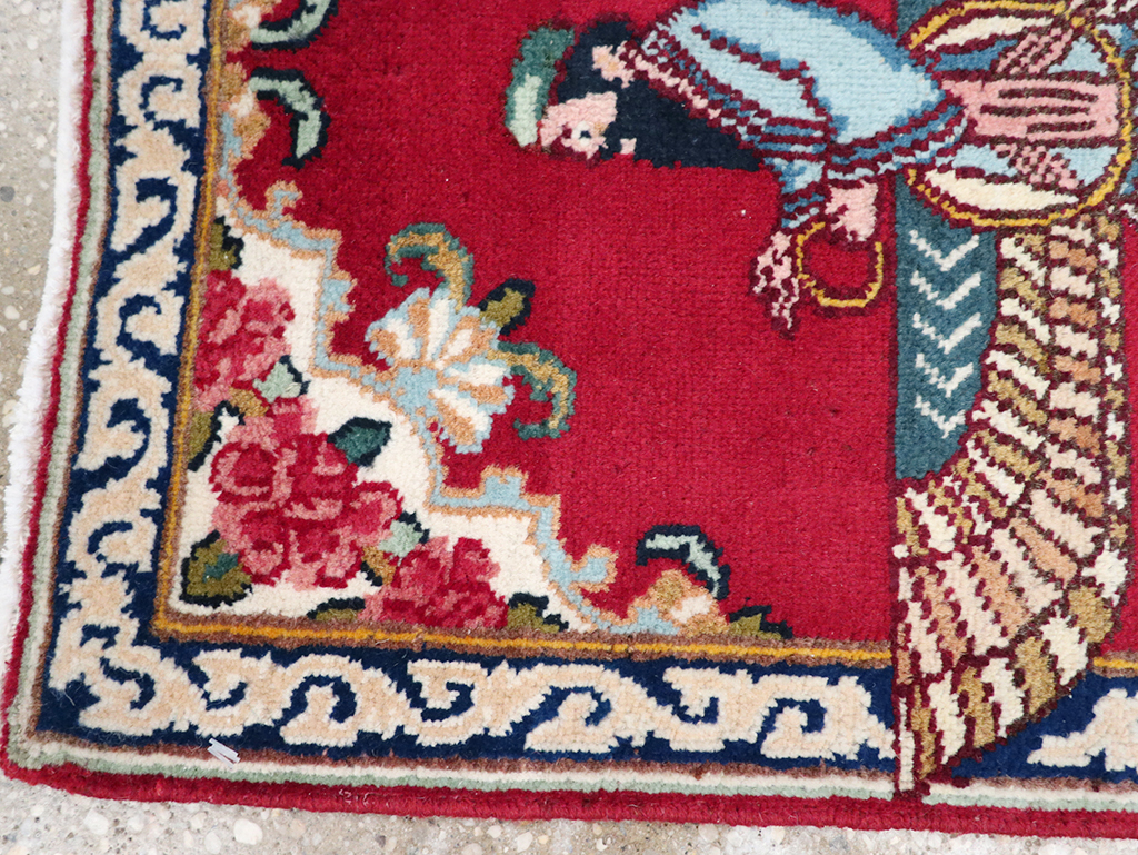 Vintage Persian Kerman Pictorial Throw Rug (Pair: 1 of 2), No.32108 - Staging