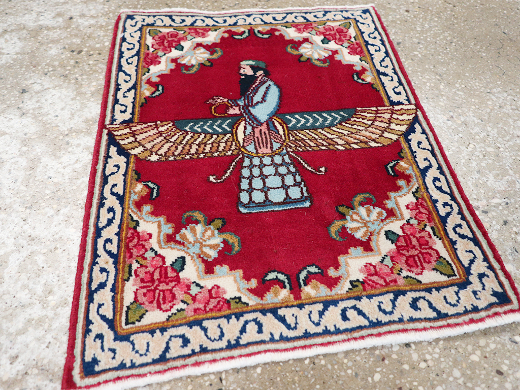 Vintage Persian Kerman Pictorial Throw Rug (Pair: 1 of 2), No.32108 - Staging