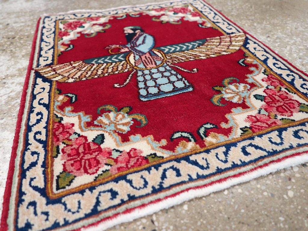 Vintage Persian Kerman Pictorial Throw Rug (Pair: 1 of 2), No.32108 - Staging