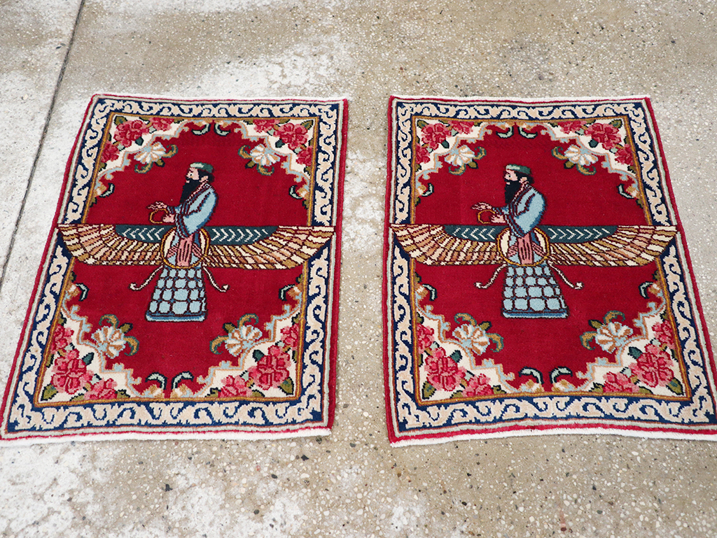 Vintage Persian Kerman Pictorial Throw Rug (Pair: 1 of 2), No.32108 - Staging