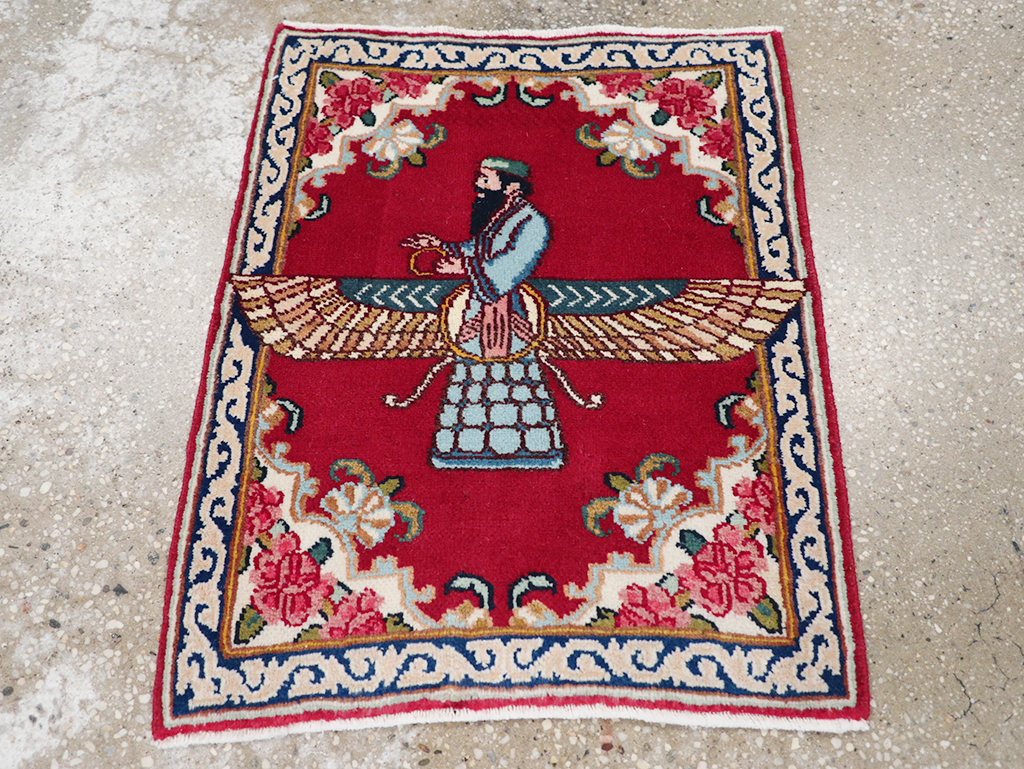 Vintage Persian Kerman Pictorial Throw Rug (Pair: 2 of 2), No.32109 - Staging