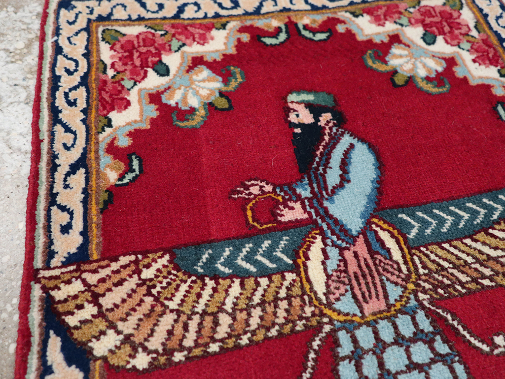 Vintage Persian Kerman Pictorial Throw Rug (Pair: 2 of 2), No.32109 - Staging