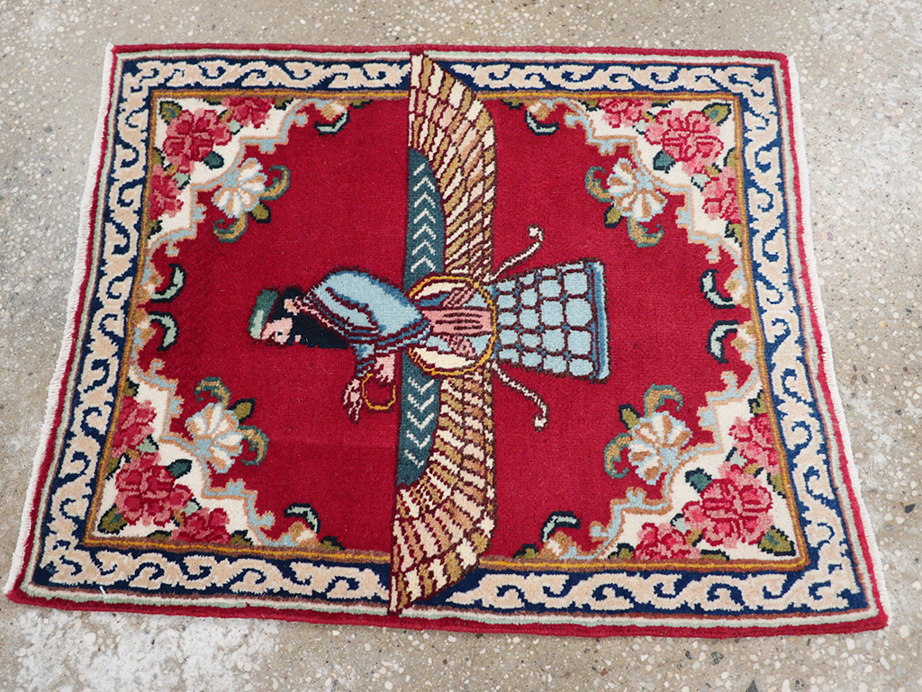 Vintage Persian Kerman Pictorial Throw Rug (Pair: 2 of 2), No.32109 - Staging