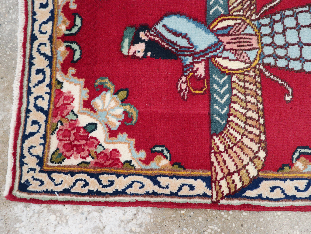 Vintage Persian Kerman Pictorial Throw Rug (Pair: 2 of 2), No.32109 - Staging