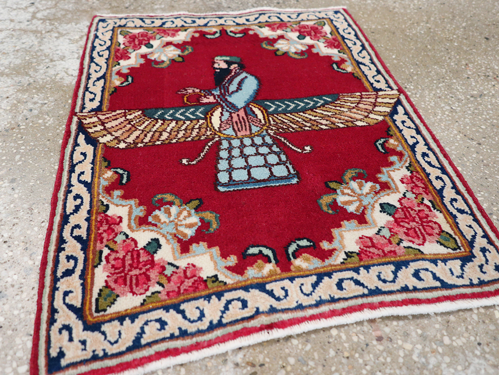 Vintage Persian Kerman Pictorial Throw Rug (Pair: 2 of 2), No.32109 - Staging