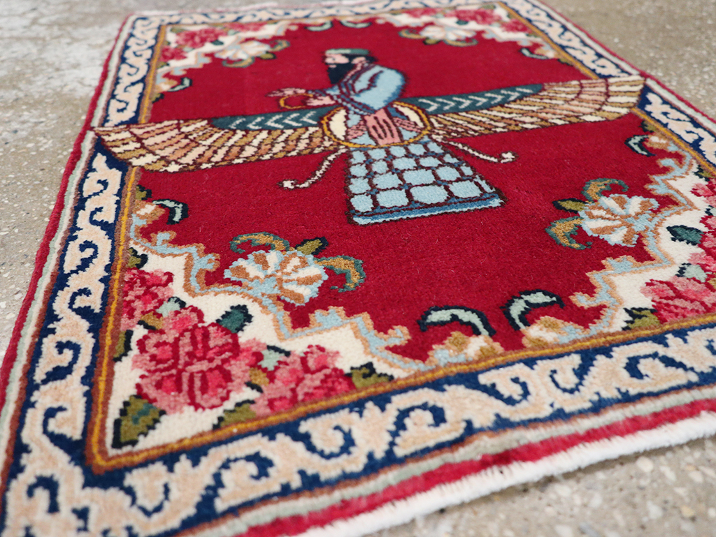 Vintage Persian Kerman Pictorial Throw Rug (Pair: 2 of 2), No.32109 - Staging