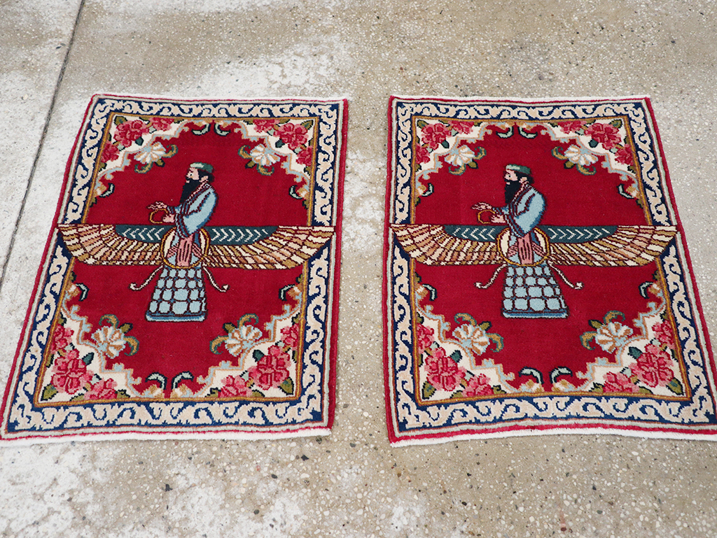 Vintage Persian Kerman Pictorial Throw Rug (Pair: 2 of 2), No.32109 - Staging